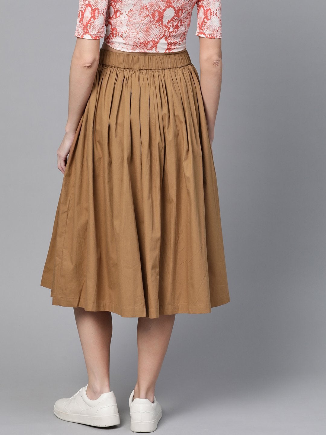 Women's Brown Front Button Gathered Skirt - SASSAFRAS