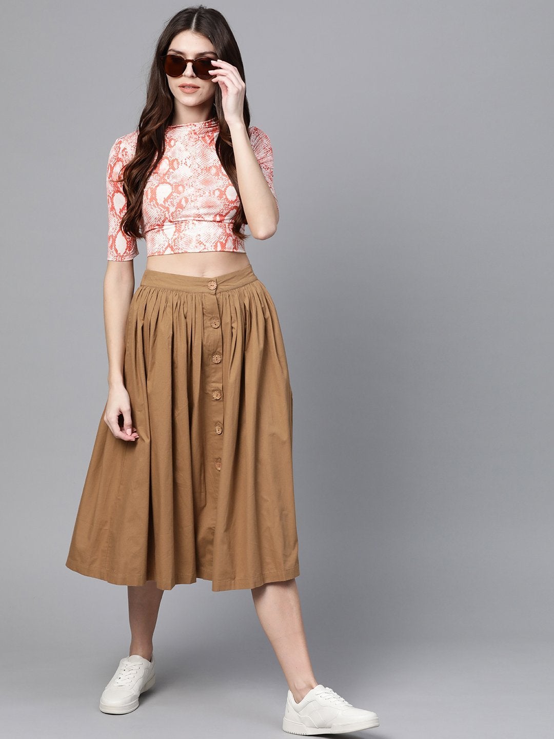 Women's Brown Front Button Gathered Skirt - SASSAFRAS