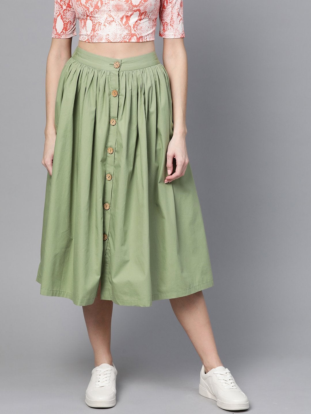 Women's Olive Front Button Gathered Skirt - SASSAFRAS