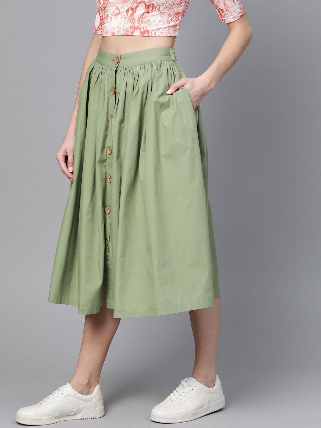 Women's Olive Front Button Gathered Skirt - SASSAFRAS