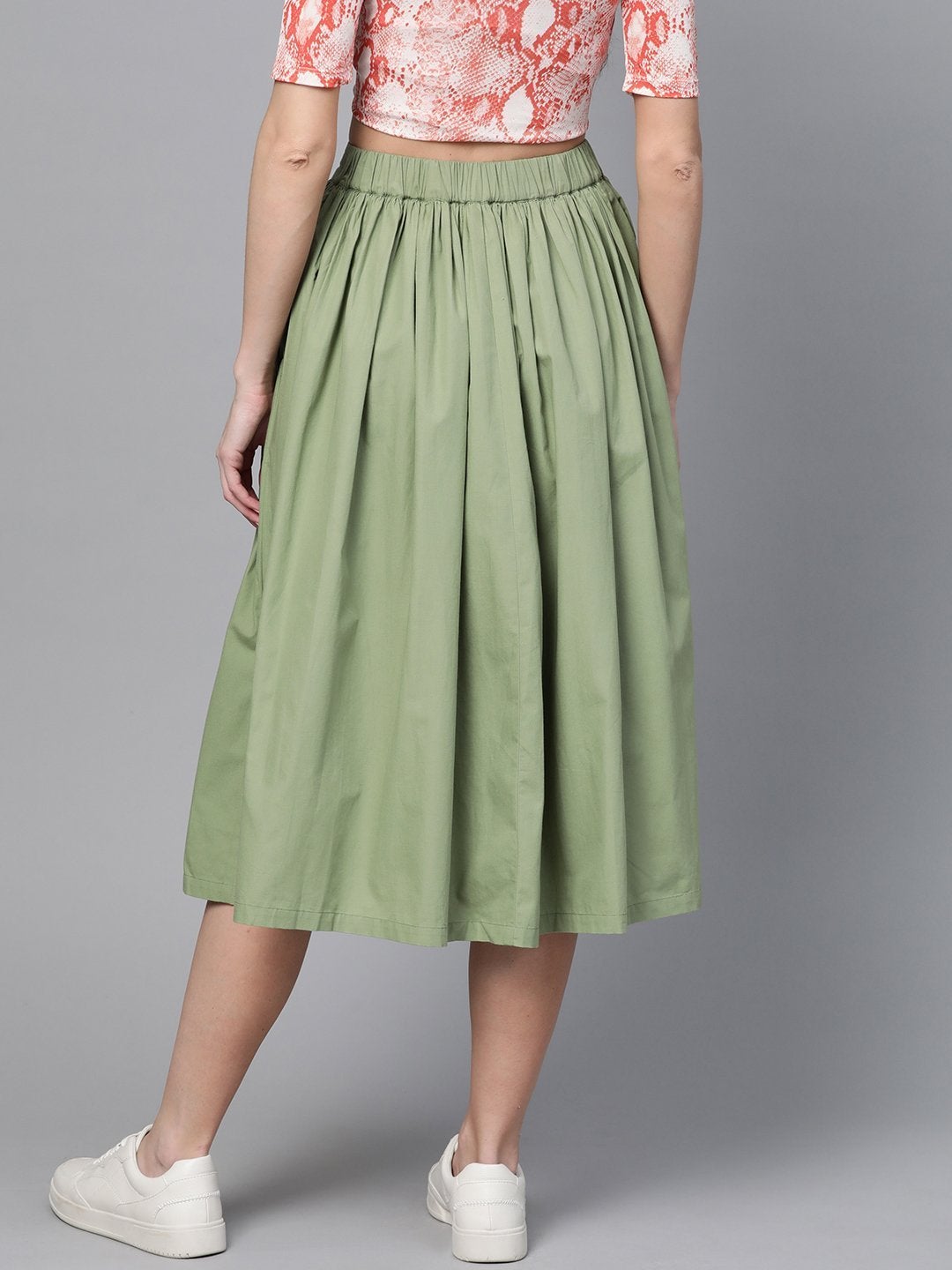 Women's Olive Front Button Gathered Skirt - SASSAFRAS