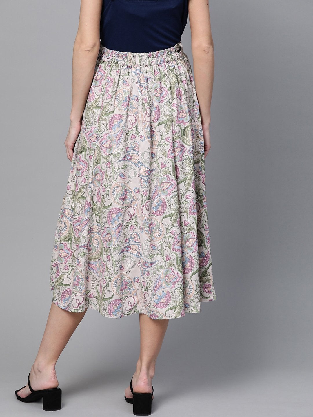 Women's Beige Paisley Flared Belted Skirt - SASSAFRAS