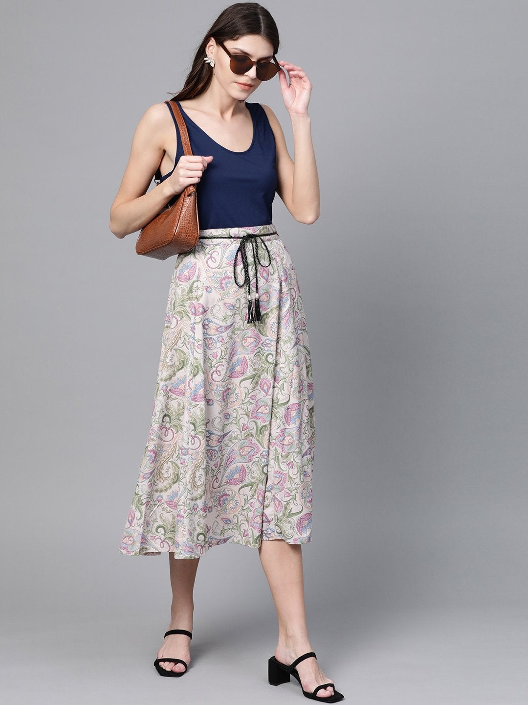 Women's Beige Paisley Flared Belted Skirt - SASSAFRAS