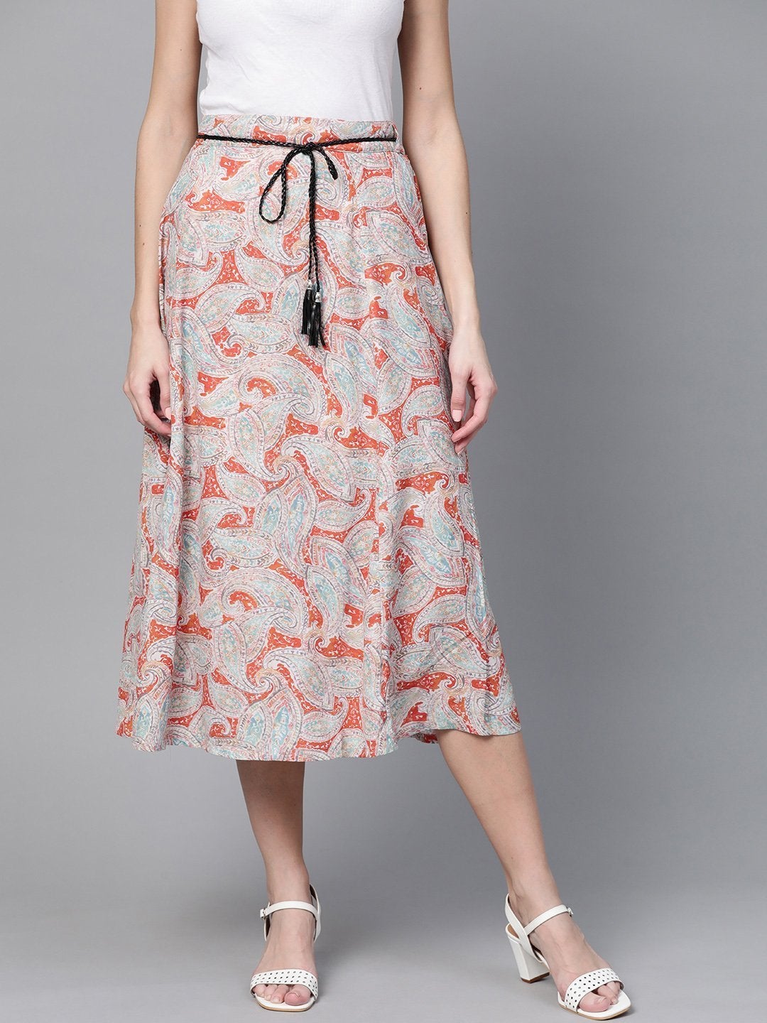 Women's Orange Paisley Flared Belted Skirt - SASSAFRAS