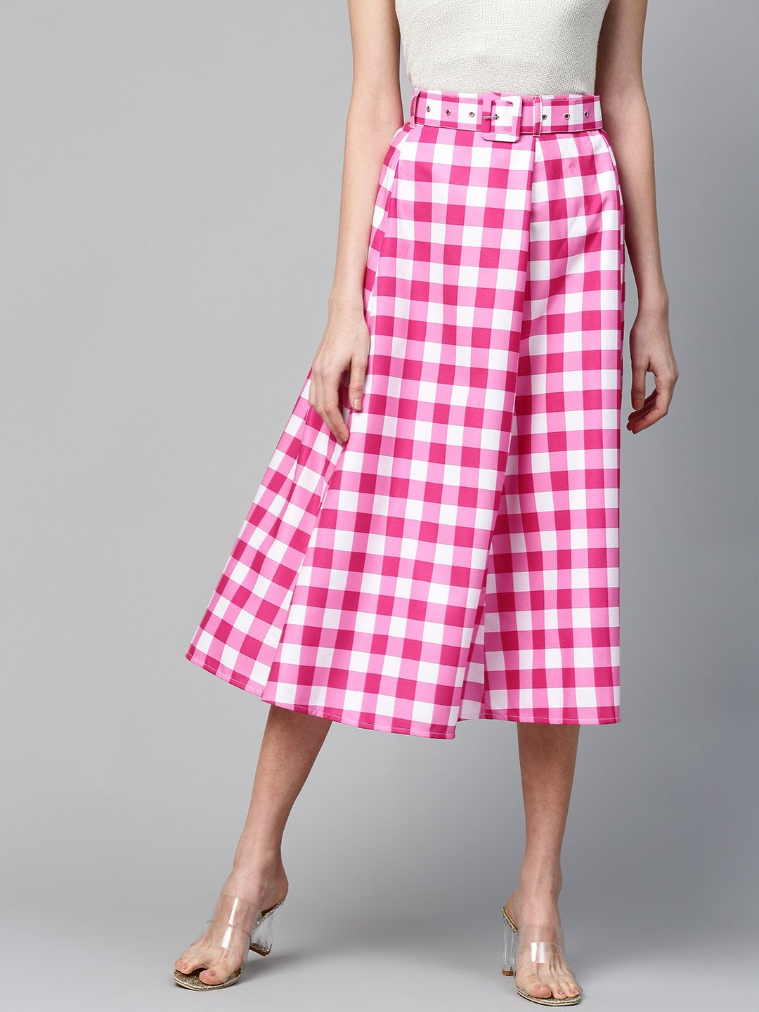 Women's Fuchsia & White Check Belted Skirt - SASSAFRAS