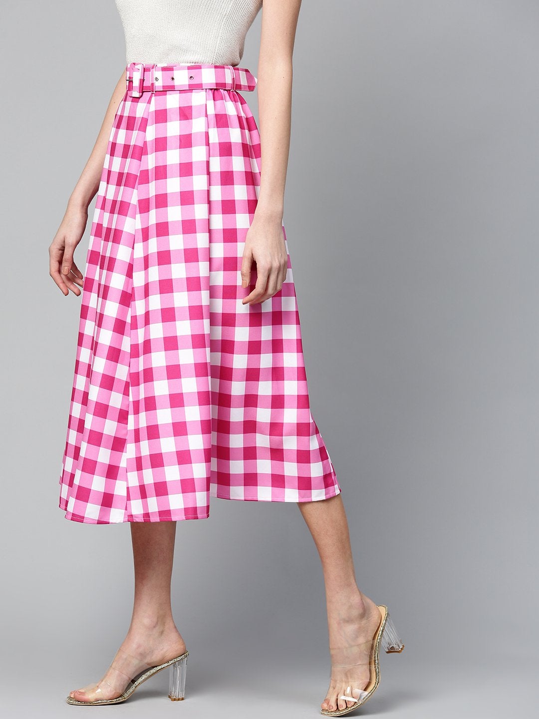 Women's Fuchsia & White Check Belted Skirt - SASSAFRAS