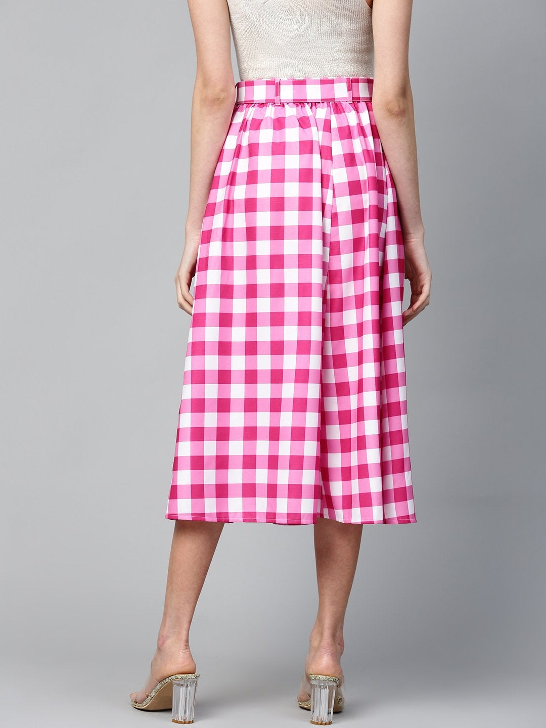 Women's Fuchsia & White Check Belted Skirt - SASSAFRAS