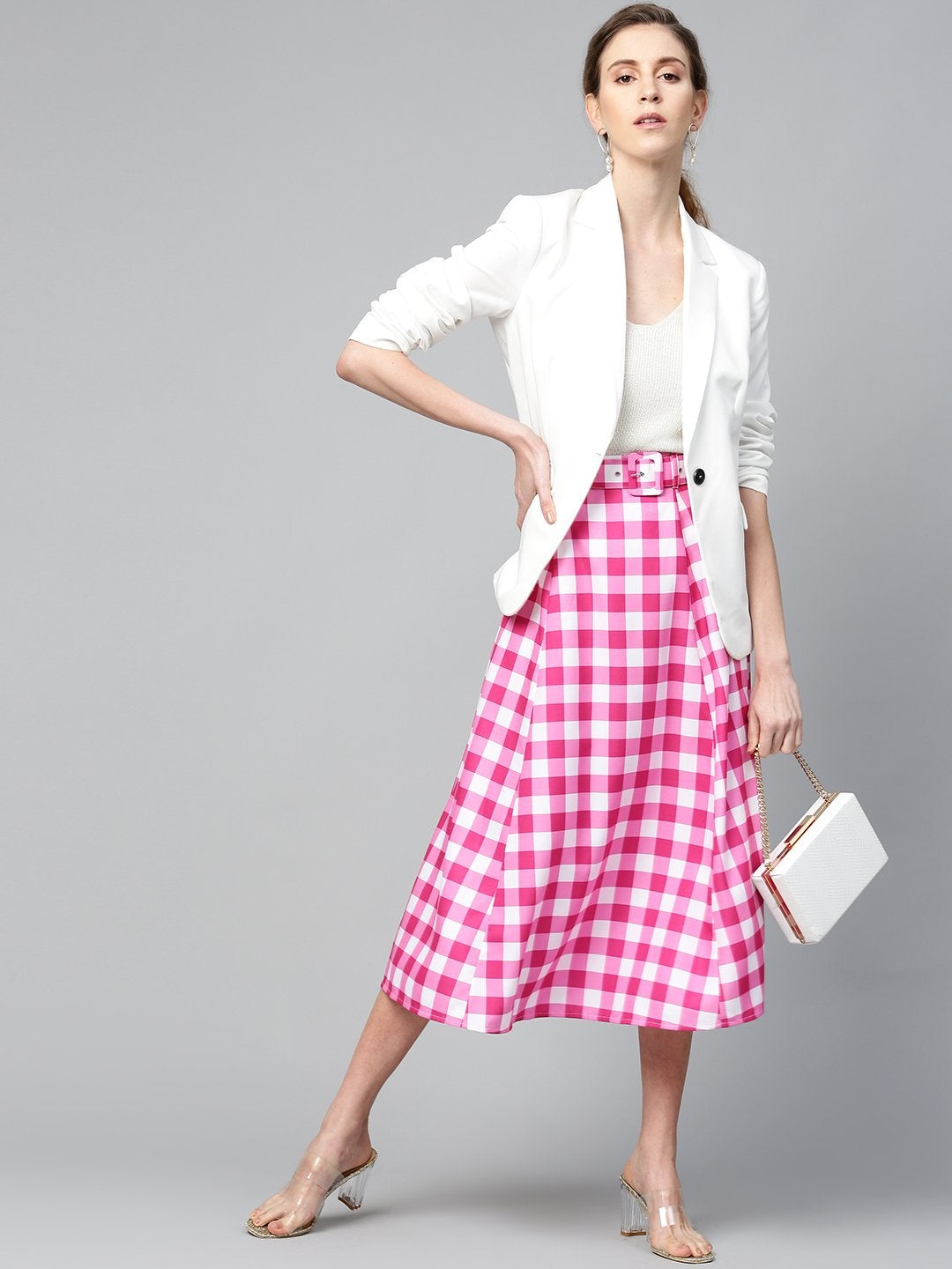 Women's Fuchsia & White Check Belted Skirt - SASSAFRAS