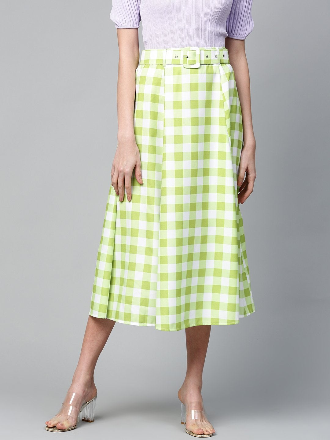 Women's Green & White Check Belted Skirt - SASSAFRAS