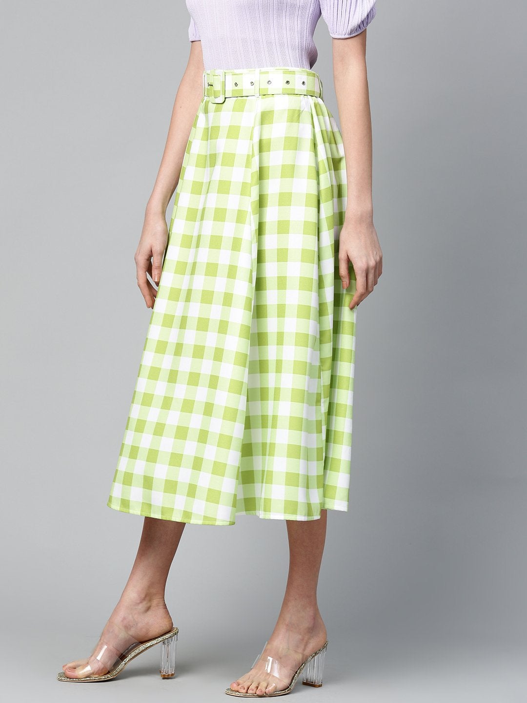 Women's Green & White Check Belted Skirt - SASSAFRAS