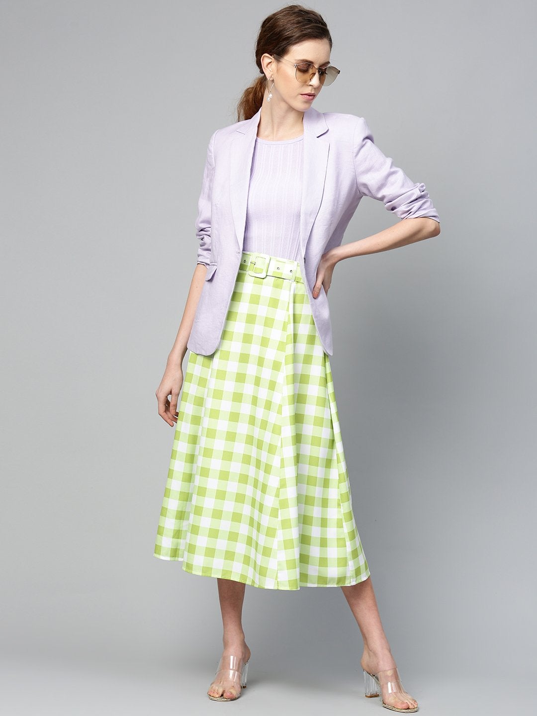 Women's Green & White Check Belted Skirt - SASSAFRAS