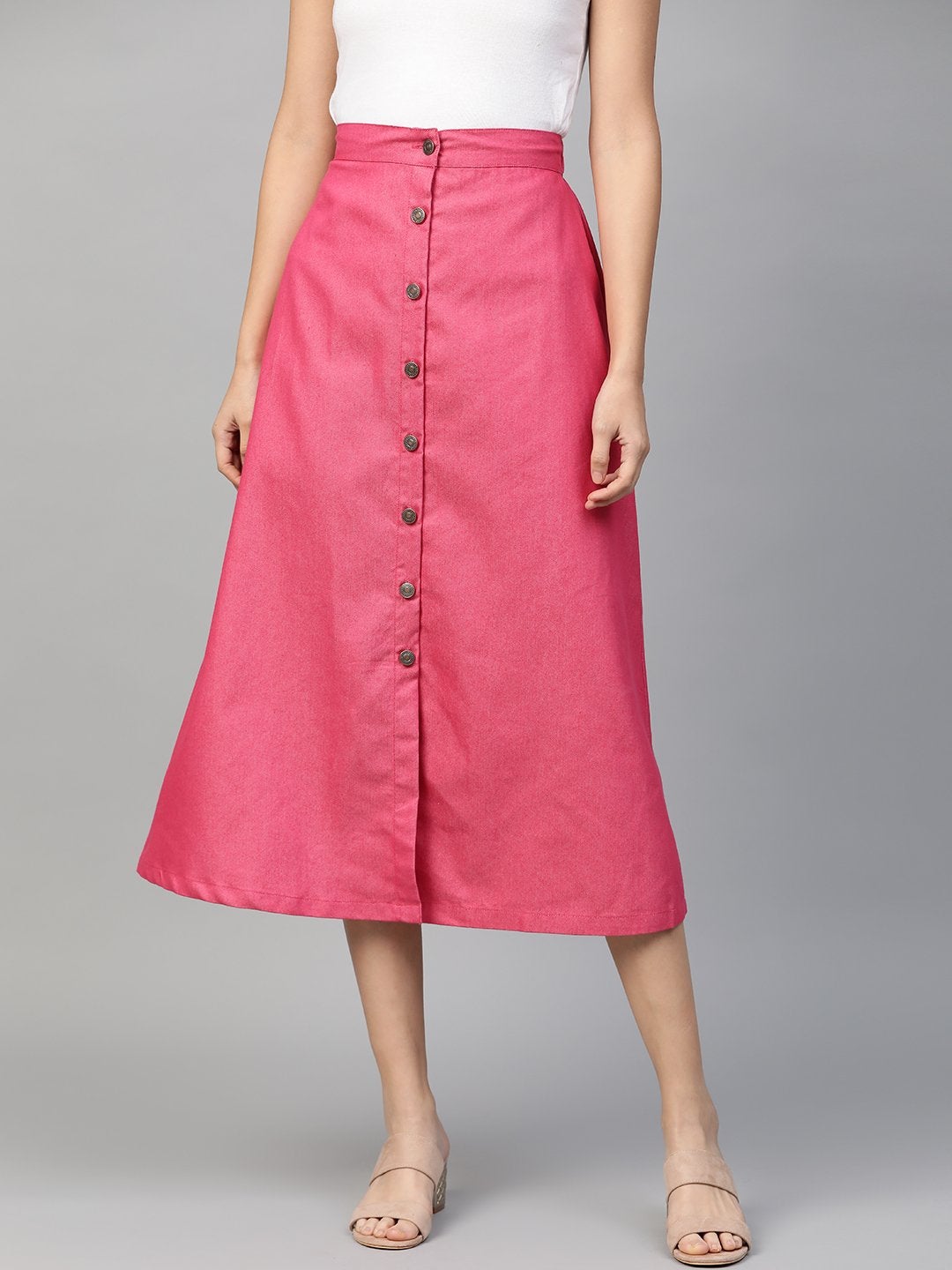 Women's Fuchsia Denim Longline Buttoned Skirt - SASSAFRAS