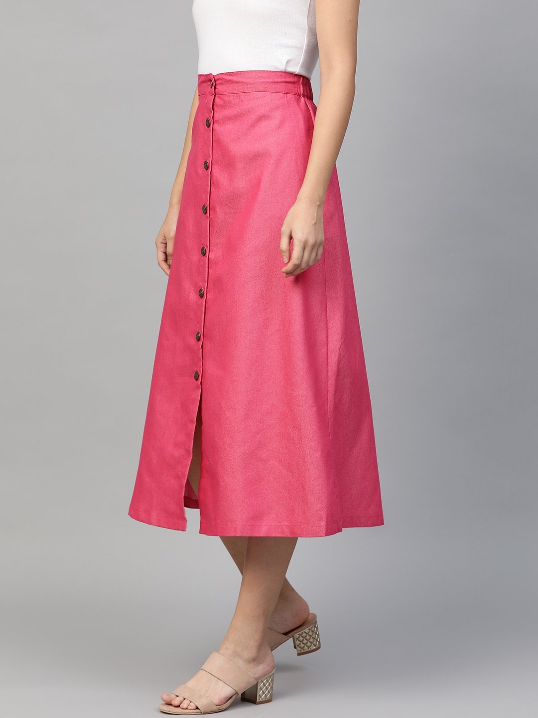 Women's Fuchsia Denim Longline Buttoned Skirt - SASSAFRAS