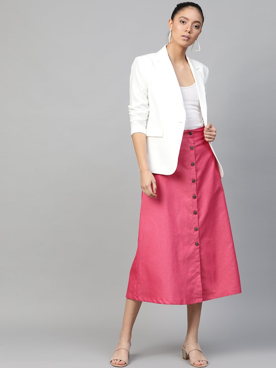 Women's Fuchsia Denim Longline Buttoned Skirt - SASSAFRAS