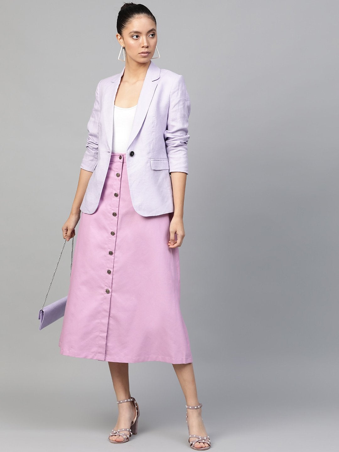 Women's Lavender Denim Longline Buttoned Skirt - SASSAFRAS