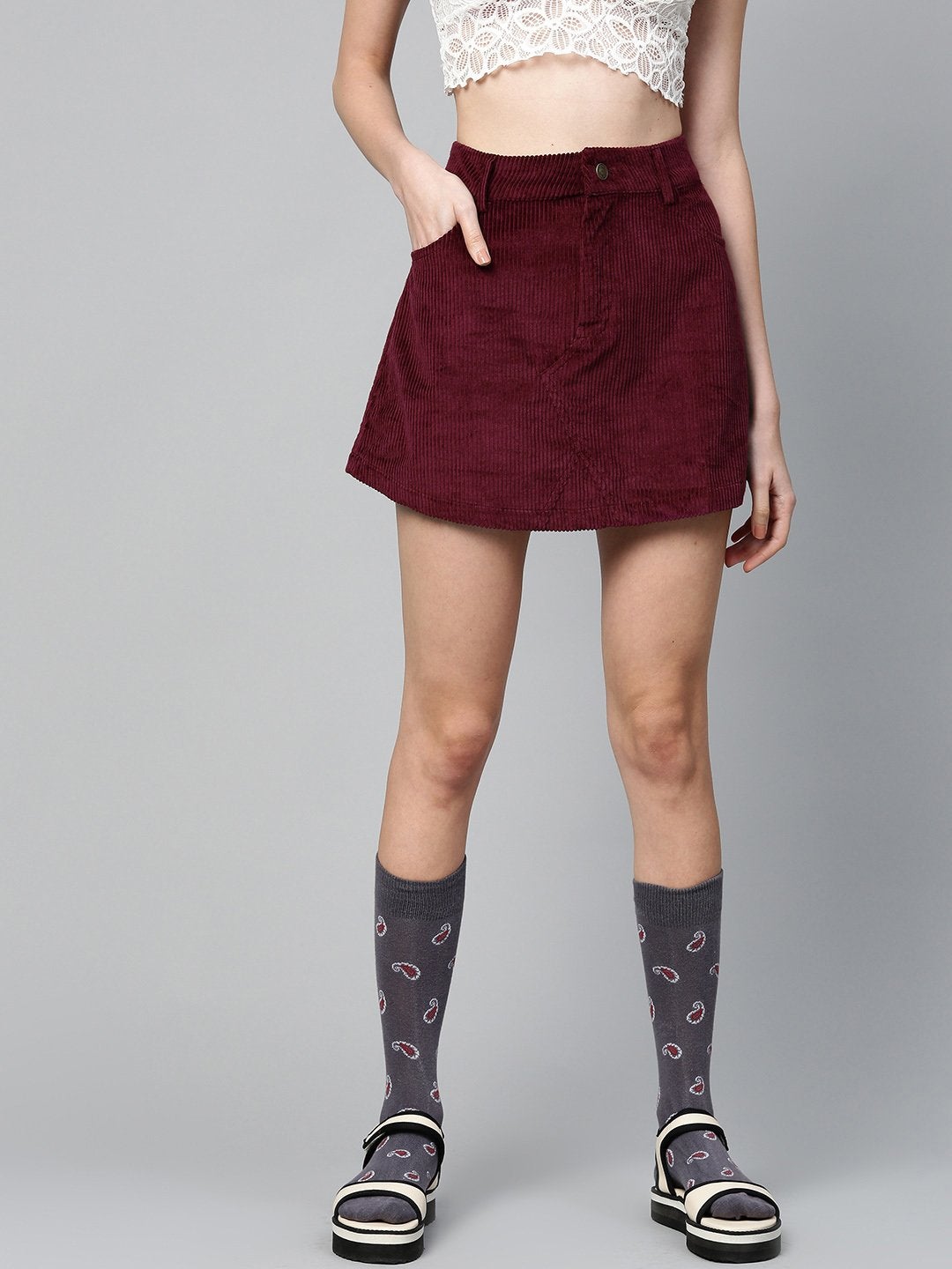 Women's Burgundy Corduroy A-Line Mini Skirt - SASSAFRAS