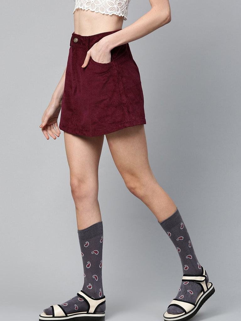 Women's Burgundy Corduroy A-Line Mini Skirt