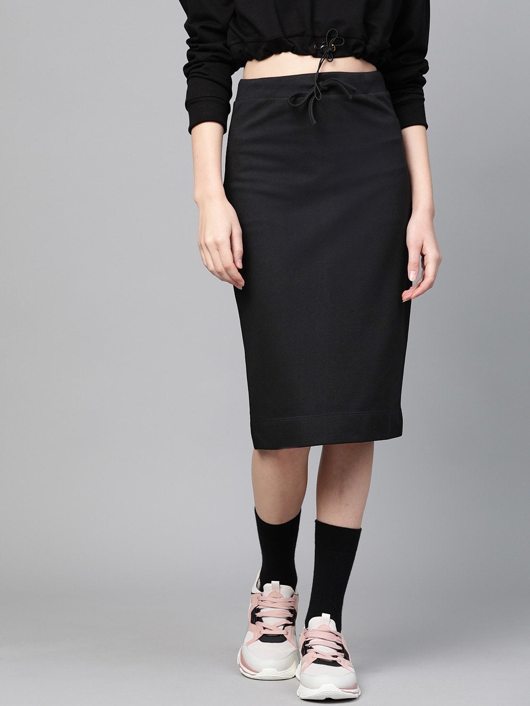 Women's Black Terry Drawstring Pencil Skirt - SASSAFRAS