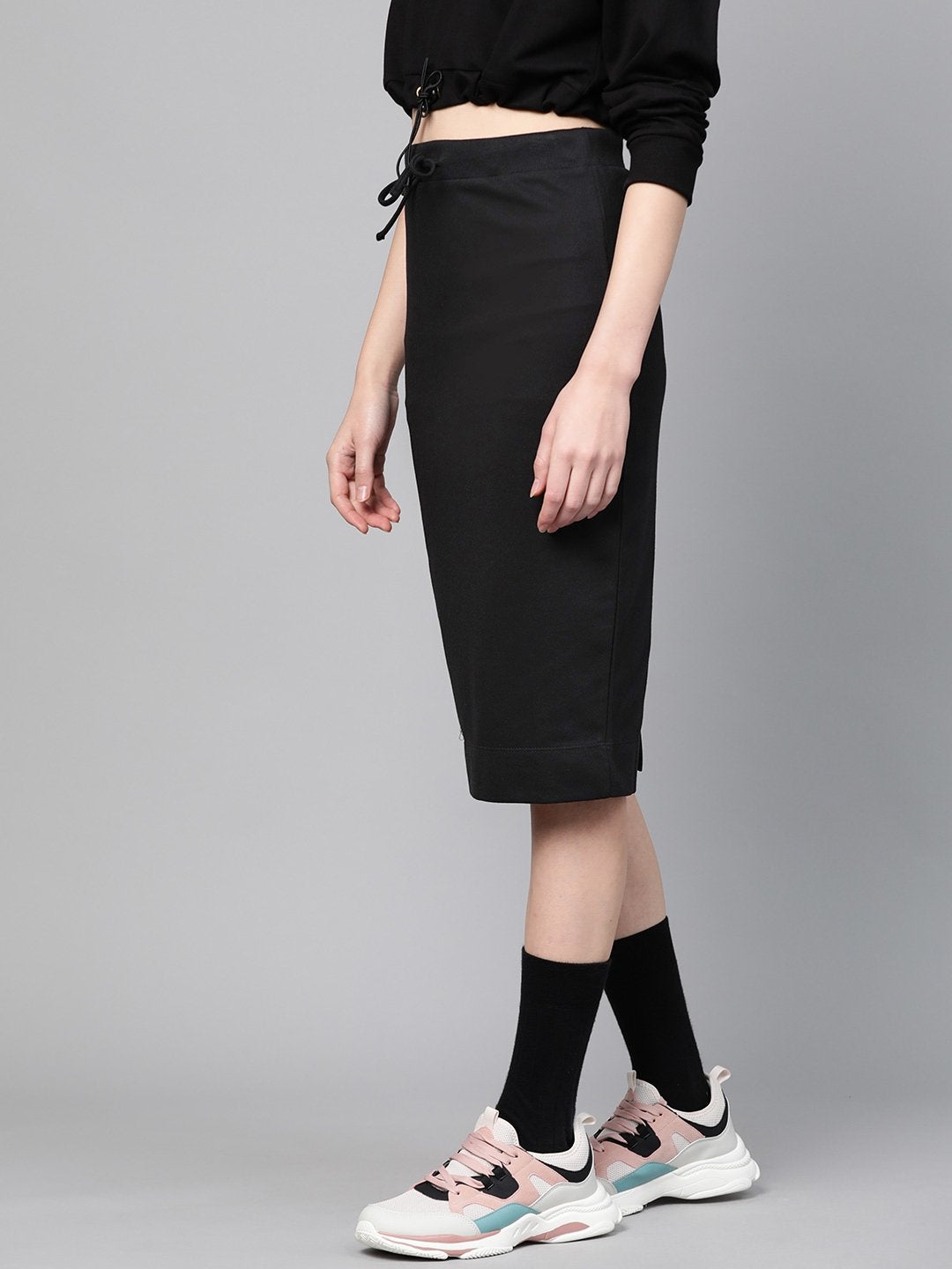 Women's Black Terry Drawstring Pencil Skirt - SASSAFRAS