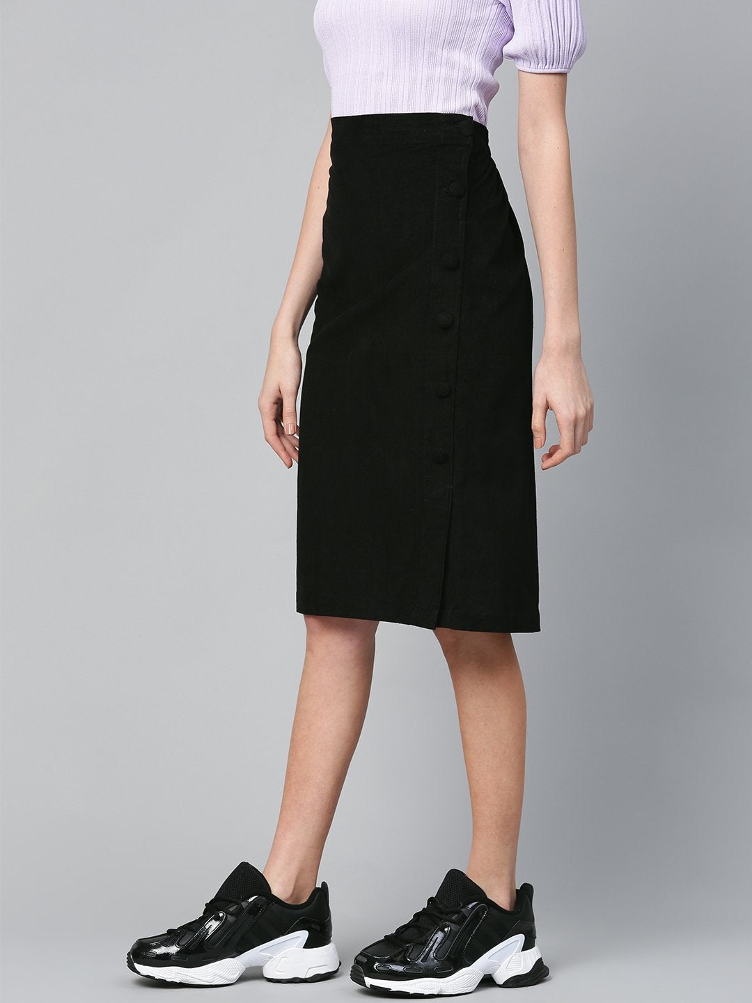 Women's Black Corduroy Side Button Midi Skirt - SASSAFRAS