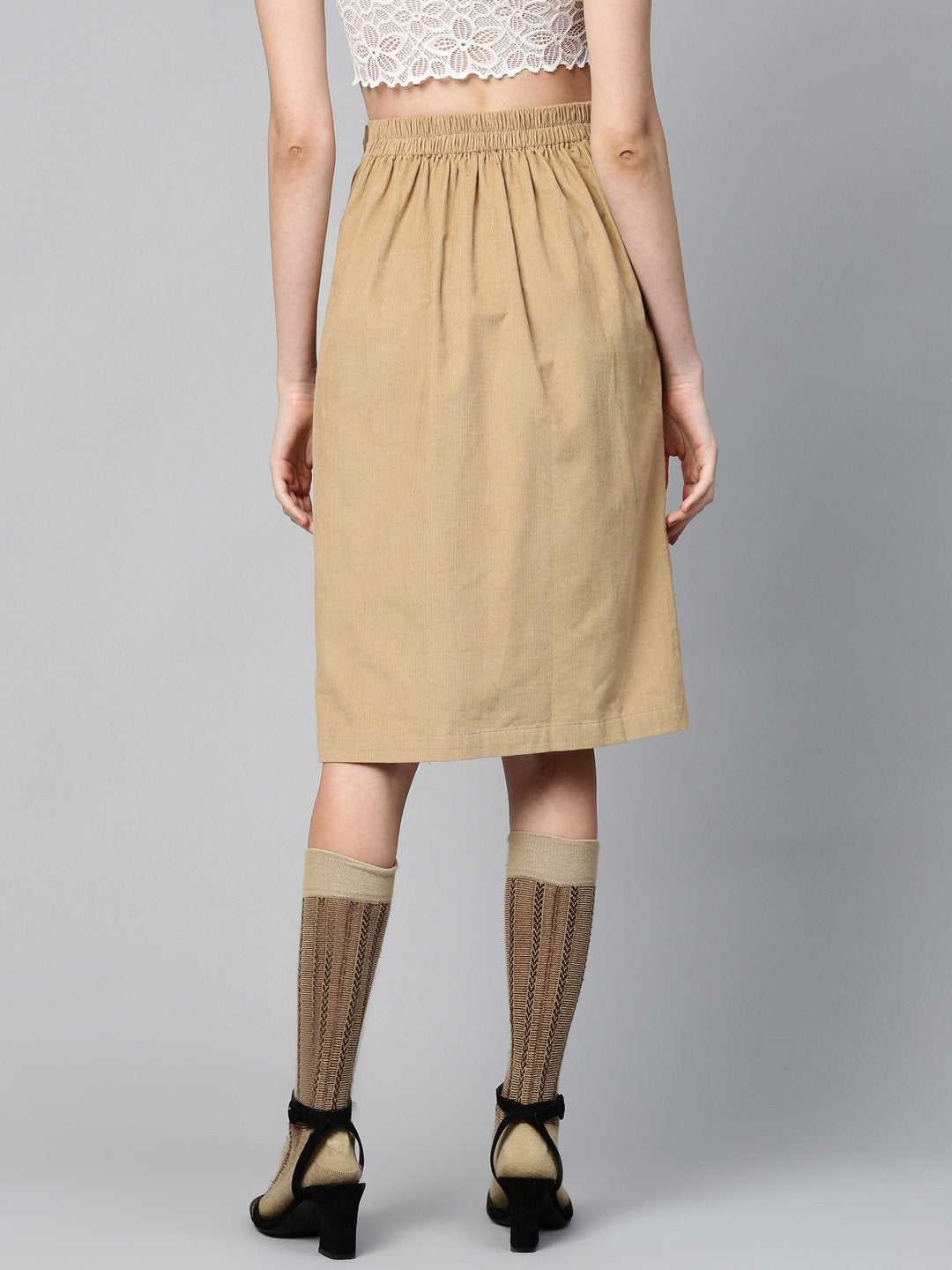 Women's Beige Corduroy Side Button Midi Skirt - SASSAFRAS