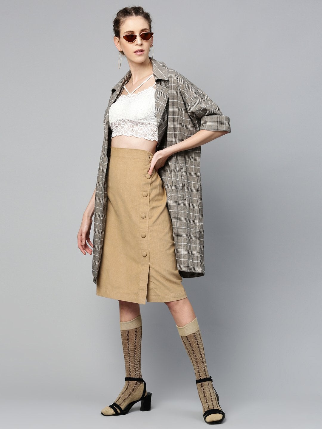 Women's Beige Corduroy Side Button Midi Skirt - SASSAFRAS