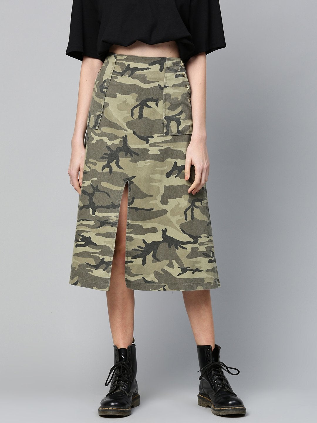 Women's Green Camouflage Twill Front Slit Skirt - SASSAFRAS