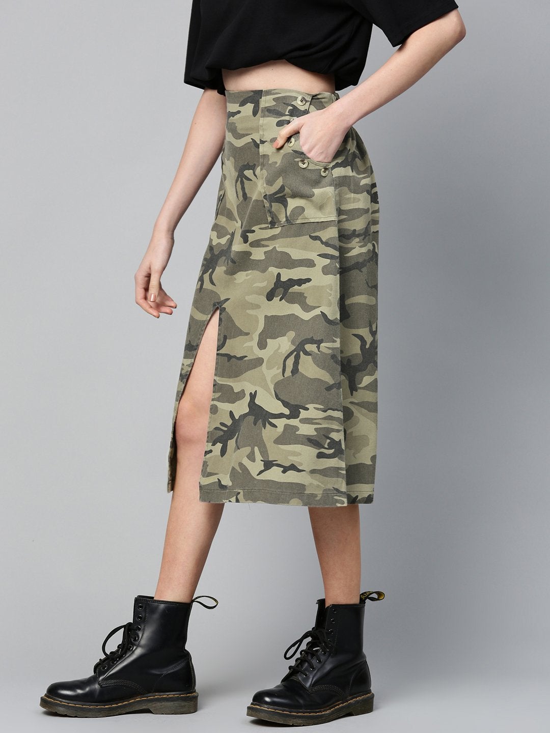 Women's Green Camouflage Twill Front Slit Skirt - SASSAFRAS