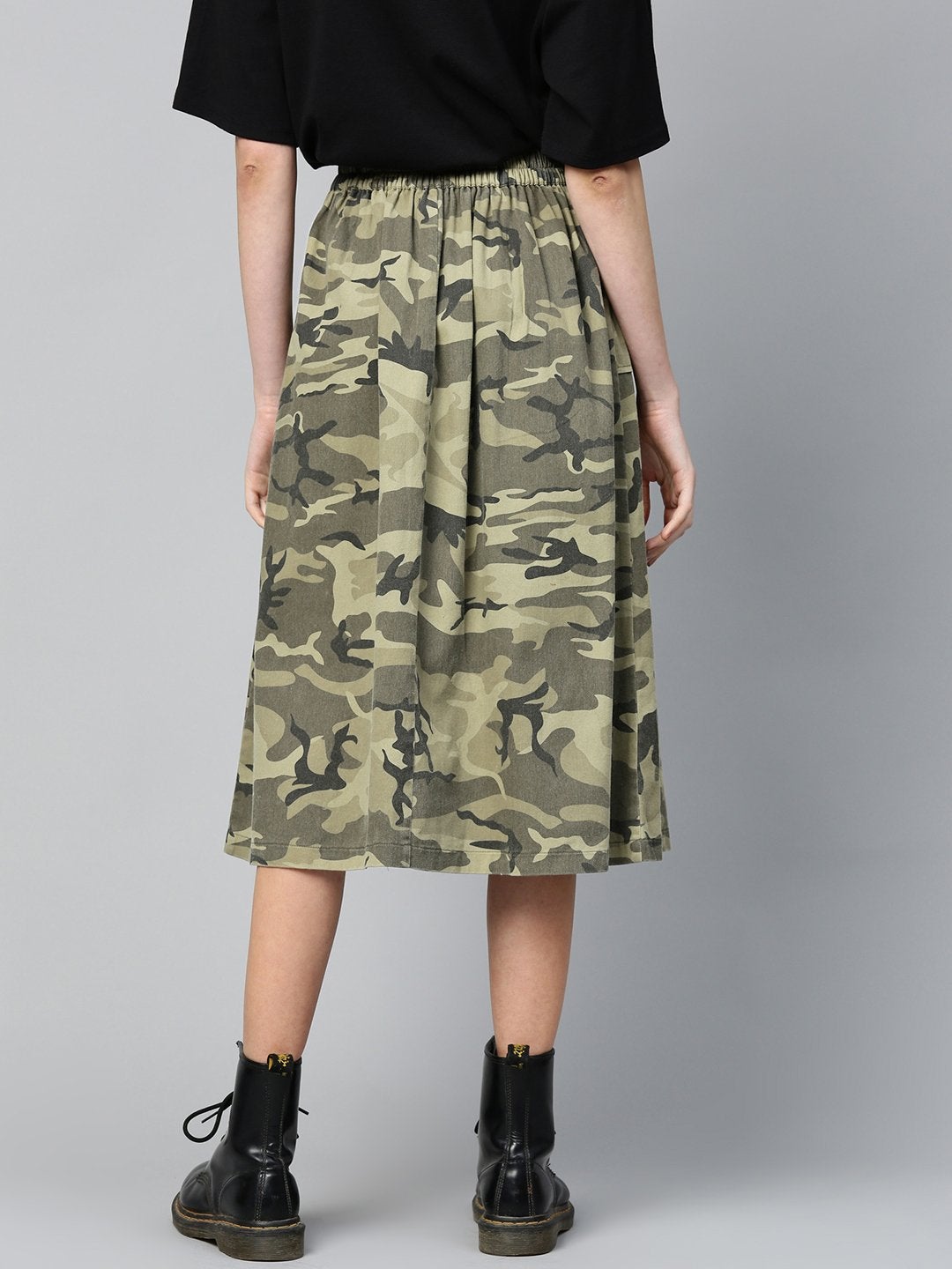 Women's Green Camouflage Twill Front Slit Skirt - SASSAFRAS