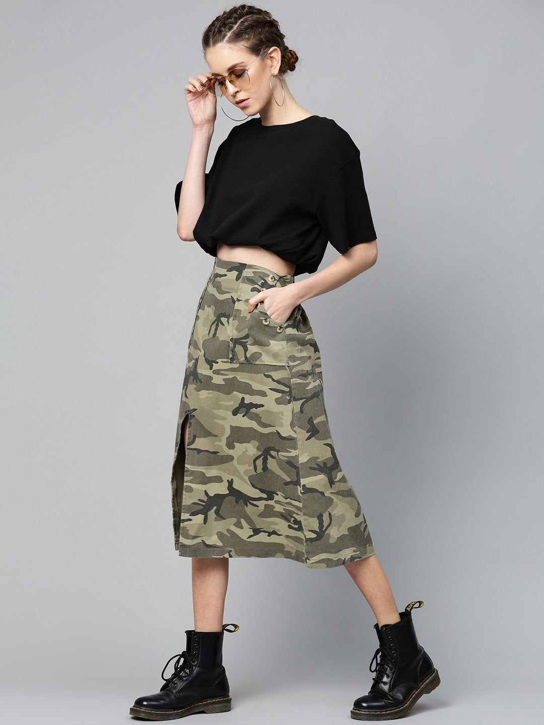 Women's Green Camouflage Twill Front Slit Skirt - SASSAFRAS