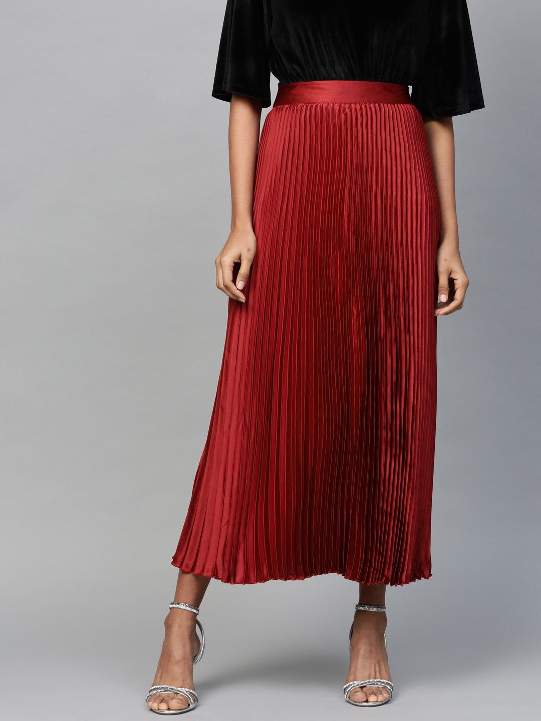 Women's Red Satin Pleated Maxi Skirt - SASSAFRAS