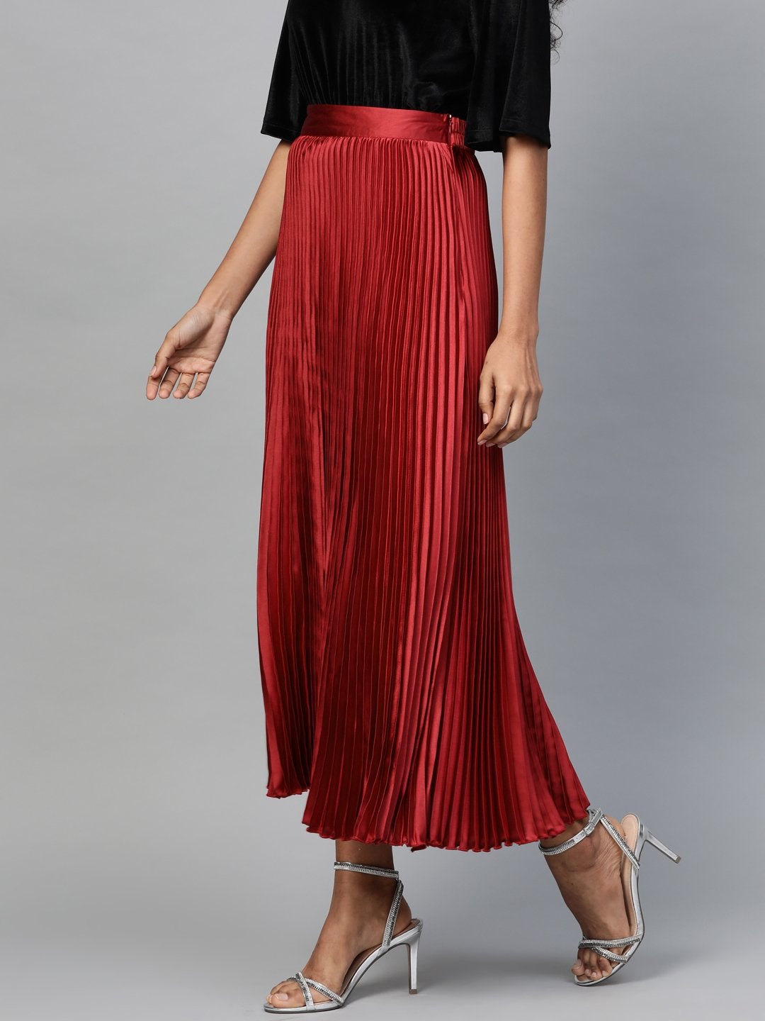 Women's Red Satin Pleated Maxi Skirt - SASSAFRAS