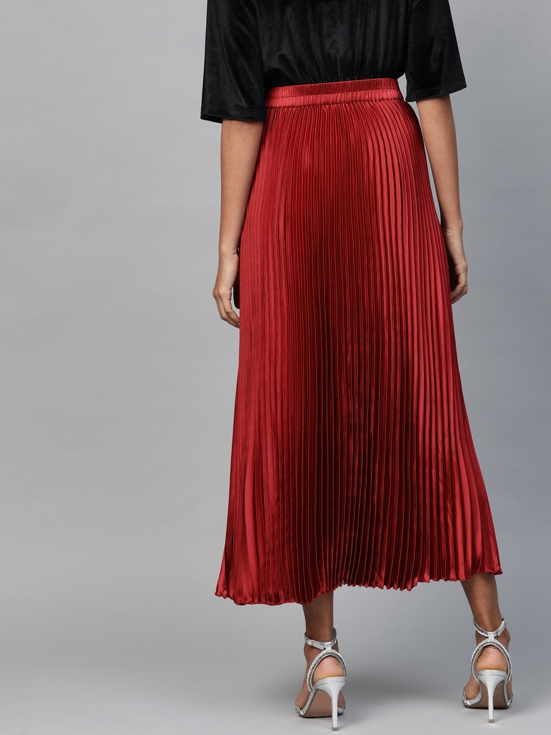 Women's Red Satin Pleated Maxi Skirt - SASSAFRAS