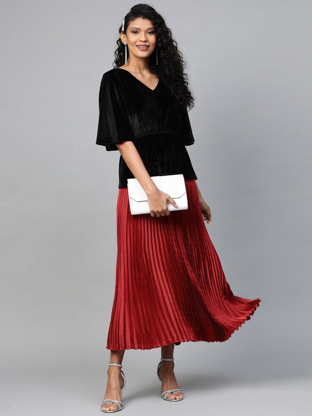 Women's Red Satin Pleated Maxi Skirt - SASSAFRAS