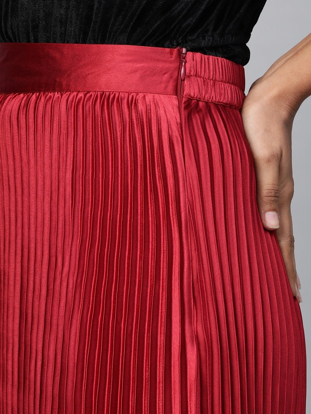 Women's Red Satin Pleated Maxi Skirt - SASSAFRAS