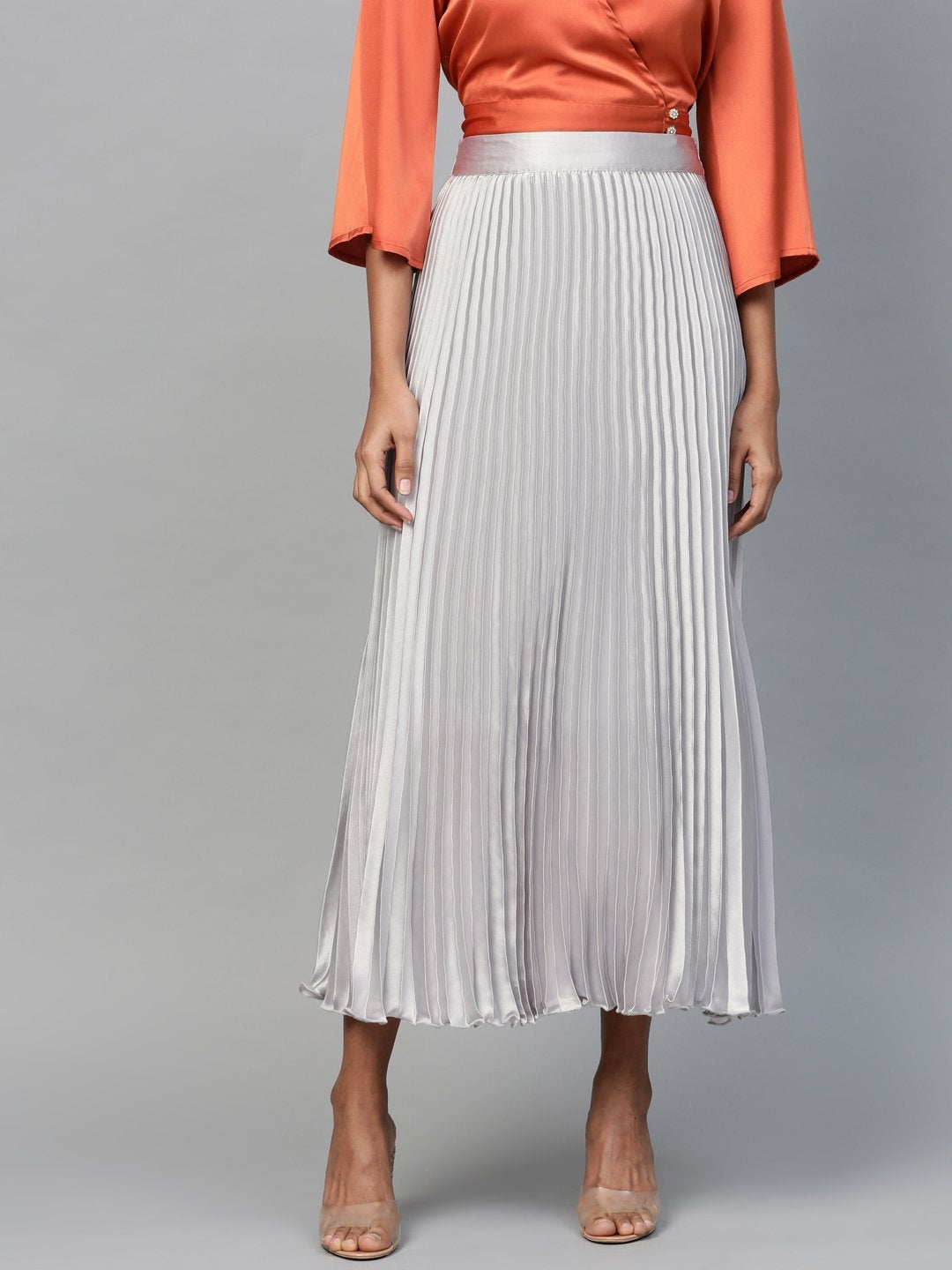 Women's Grey Satin Pleated Maxi Skirt - SASSAFRAS