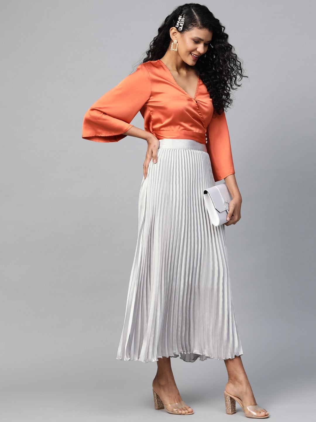 Women's Grey Satin Pleated Maxi Skirt - SASSAFRAS