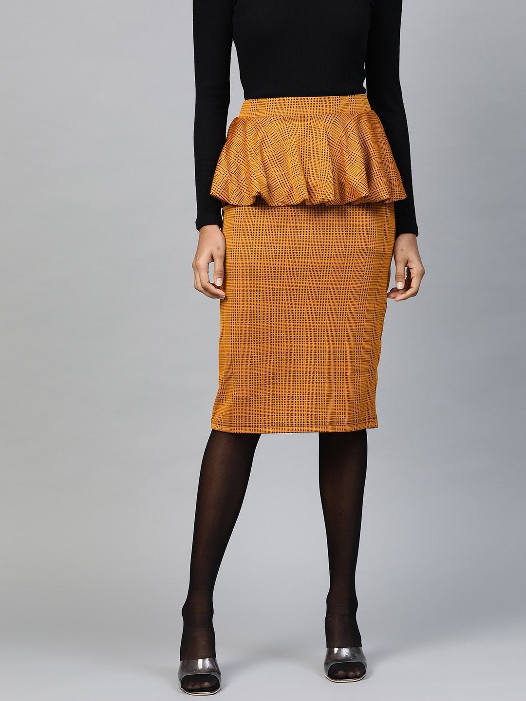 Women's Mustard Jacquard Check Peplum Skirt - SASSAFRAS