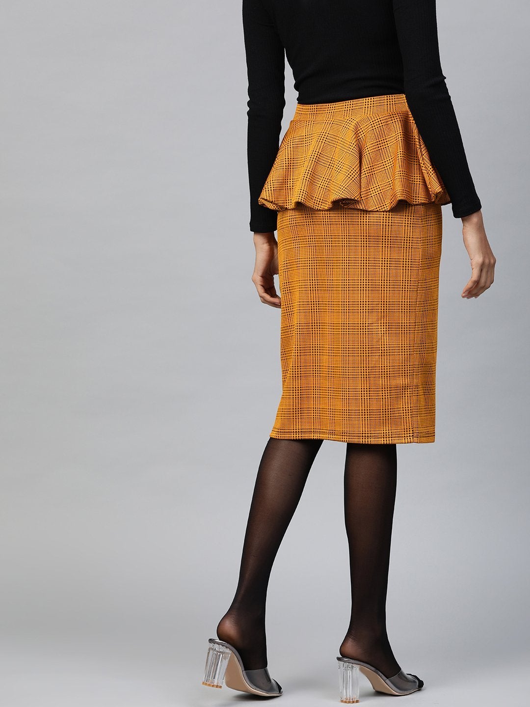 Women's Mustard Jacquard Check Peplum Skirt - SASSAFRAS