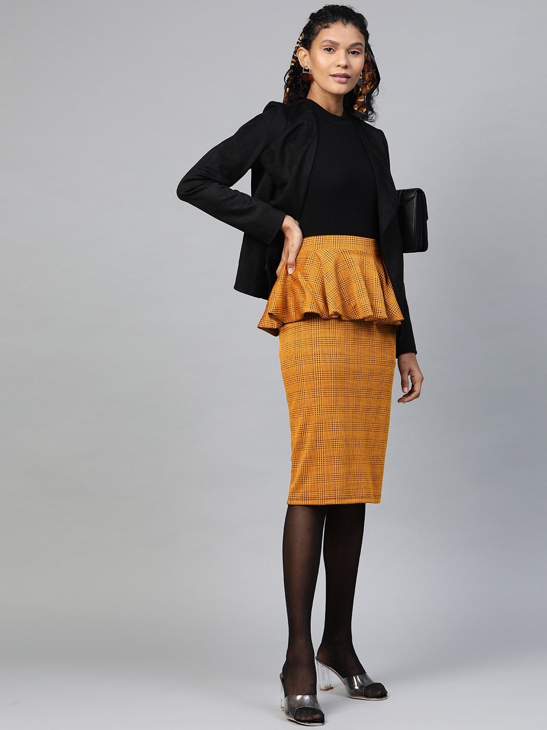 Women's Mustard Jacquard Check Peplum Skirt - SASSAFRAS