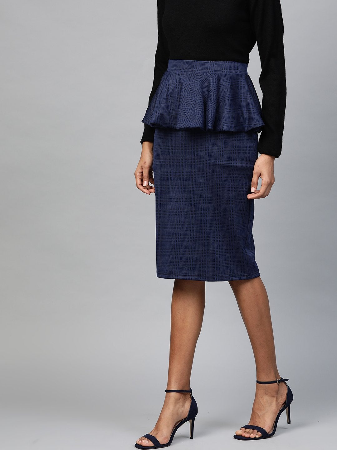 Women's Navy Jacquard Check Peplum Skirt - SASSAFRAS