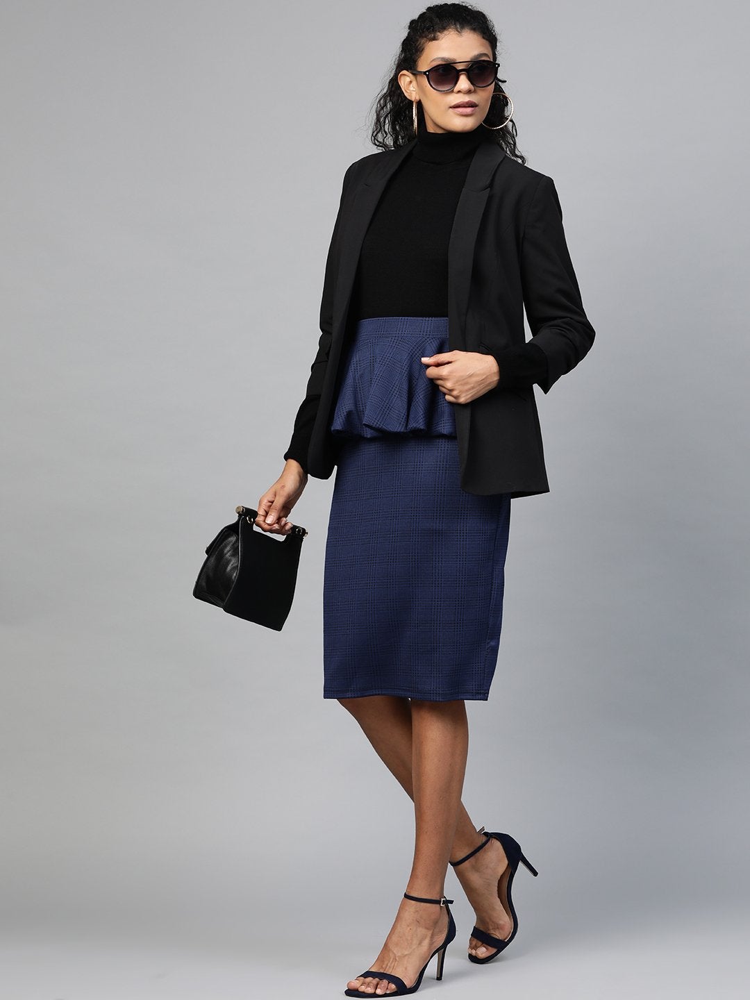 Women's Navy Jacquard Check Peplum Skirt - SASSAFRAS