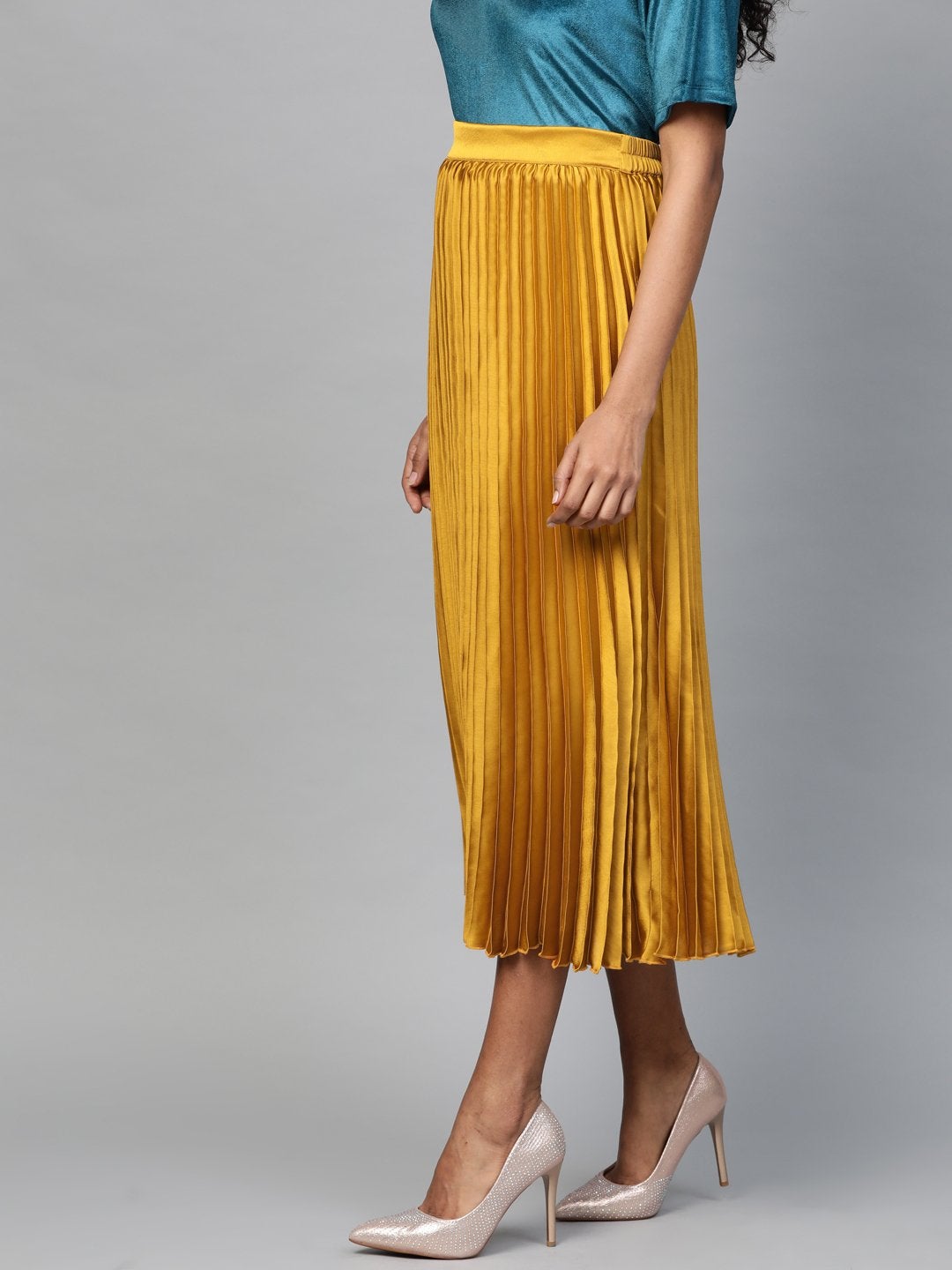 Women's Mustard Satin Pleated Midi Skirt - SASSAFRAS