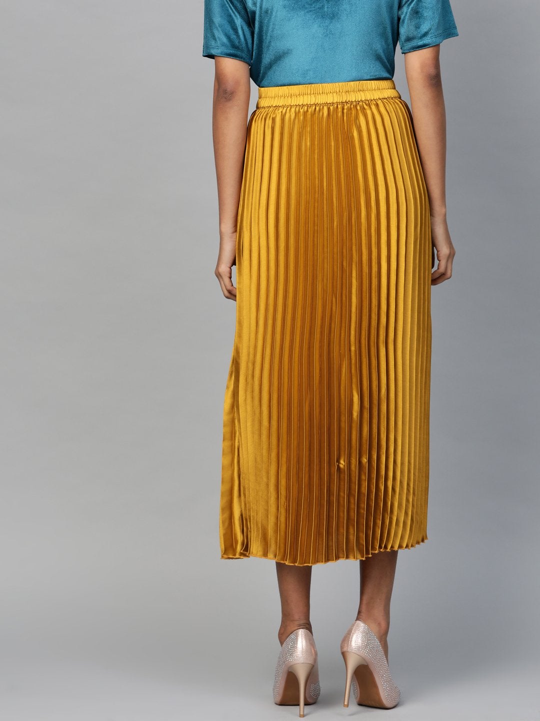 Women's Mustard Satin Pleated Midi Skirt - SASSAFRAS