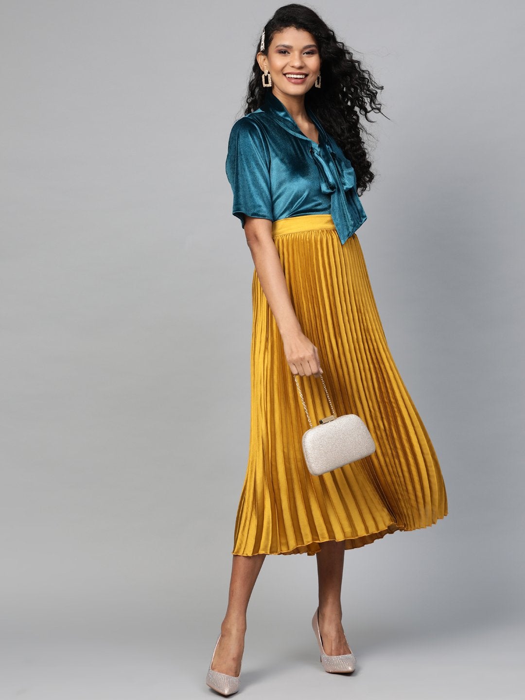 Women's Mustard Satin Pleated Midi Skirt - SASSAFRAS