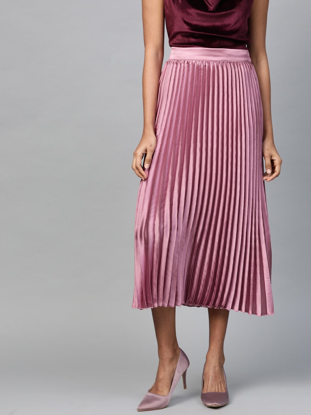 Women's Lavender Satin Pleated Midi Skirt - SASSAFRAS