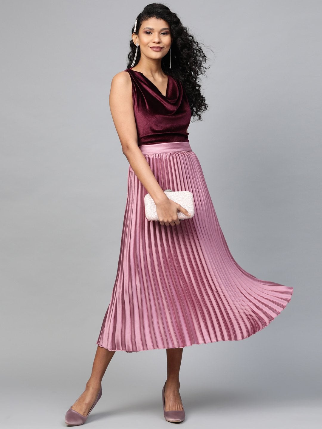 Women's Lavender Satin Pleated Midi Skirt - SASSAFRAS