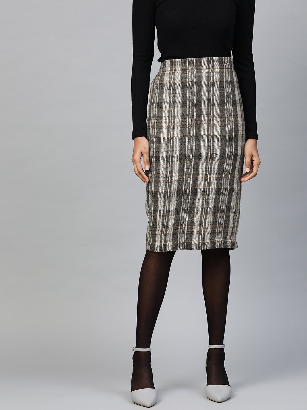 Women's Grey Check Pencil Skirt - SASSAFRAS