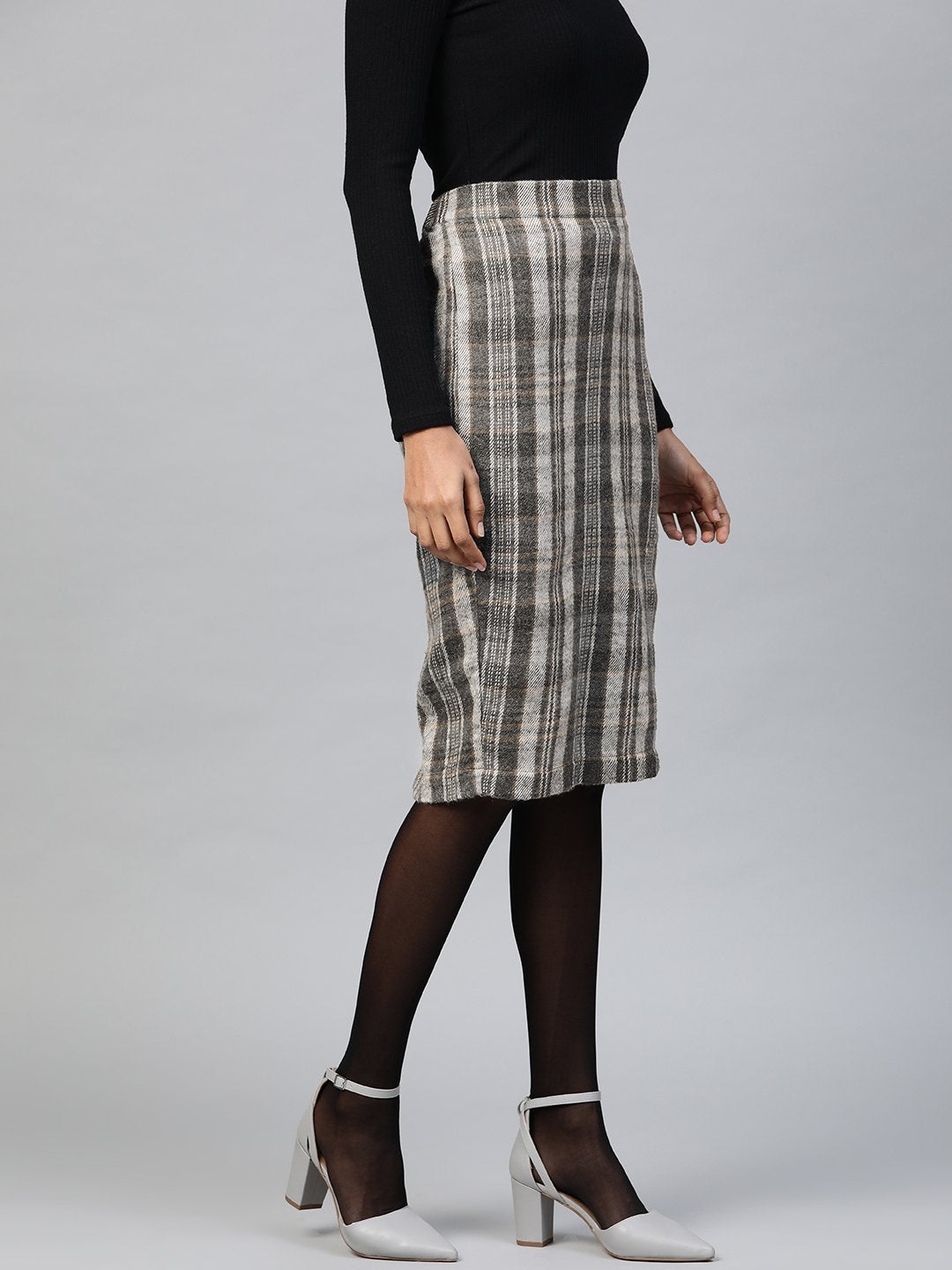 Women's Grey Check Pencil Skirt - SASSAFRAS