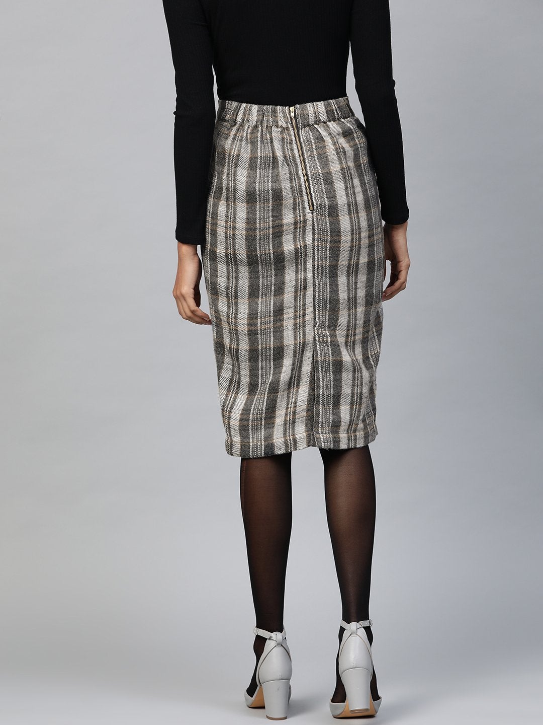 Women's Grey Check Pencil Skirt - SASSAFRAS